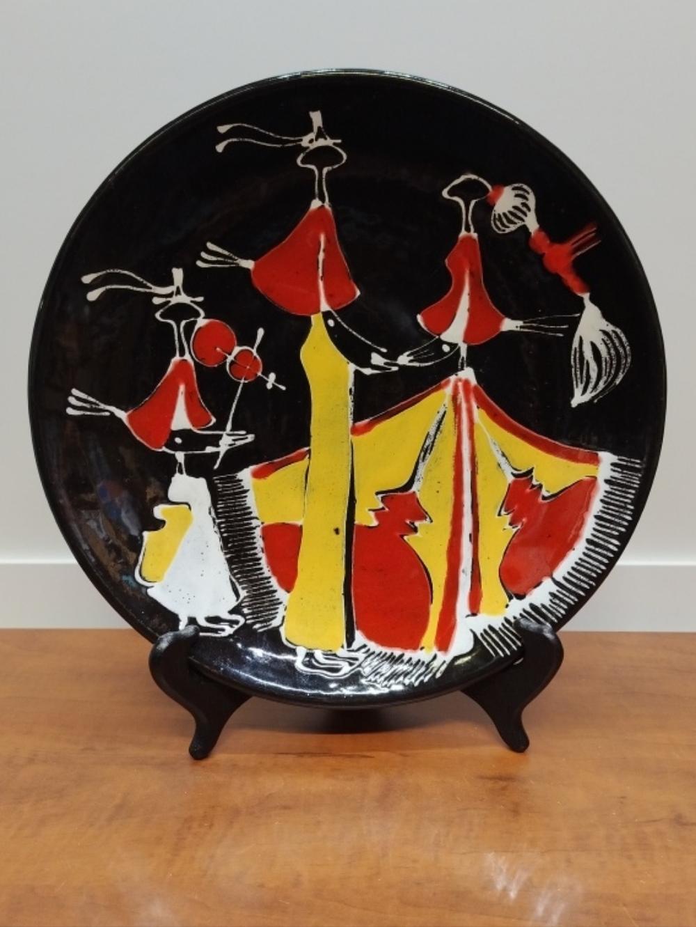 Vintage Cikka Redware Art Pottery 11.5" Plate With Modernist Violinist & Dancers